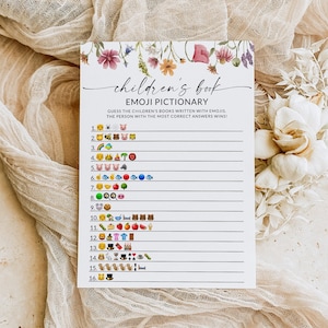 Livre pour enfants, jeux de fleurs sauvages pour baby shower, jeu d'emoji pour bébé, baby shower d'emoji pictionary, modèle modifiable, F1