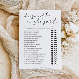 Il a dit qu'elle a dit Jeu | Carte de jeu Il a dit qu'elle a dit | Jeu de mariage | Jeu de douche nuptiale | Jeu des Jeunes Mariés | Modèle modifiable | A1