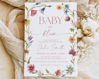 Wildflower Baby In Bloom Baby Shower Invitation, Floral Baby Shower Invitation, Floral Baby Brunch Invite, Pink Flower, Editable Template F1