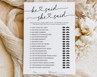 He Said She Said | Bridal Shower Games | Guess Who Said It | He Said She Said Game Card | Wedding Game | Editable Template | S1