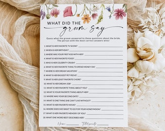 What Did The Groom Say, Wildflower Bridal Shower Game, Groom Questions, The Groom Said What, Guess Who Said it, Editable Template, F1