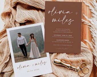 Plantilla de invitación de boda de terracota bohemia con foto / Plantilla de invitación de boda minimalista editable marrón / Invitación de boda única / A1