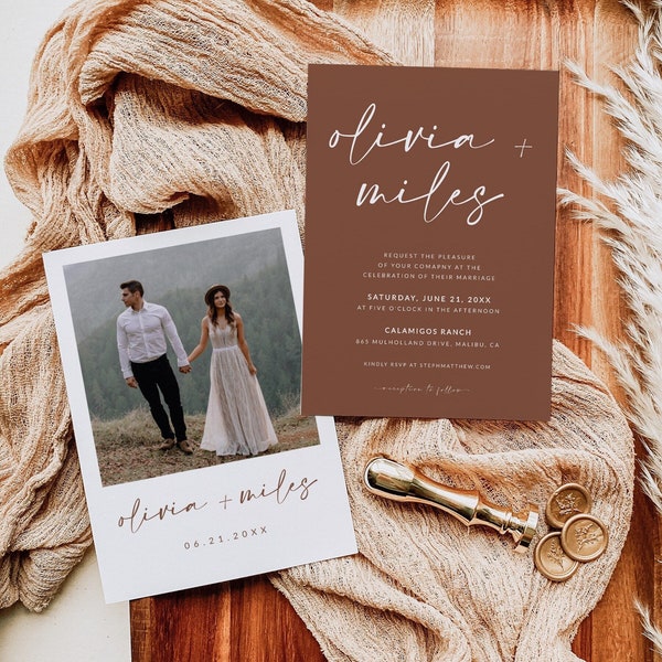 Boho Terracotta Wedding Invitation Template with Photo | Brown Editable Minimalist Wedding Invite Template | Unique Wedding Invitation  | A1