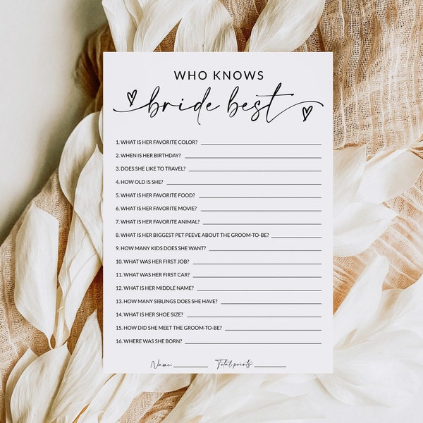 Who Knows The Bride Best | How Well Do You Know The Bride | Bridal Shower Game Printable | Bridal Shower Trivia | Editable Template | A1