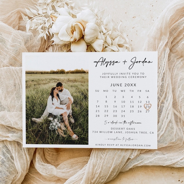 Kalender Vorlage für Hochzeitseinladungen | Vollständig bearbeitbare minimalistische Hochzeitseinladung | Foto-Hochzeitseinladung | Sofortdownload | A1