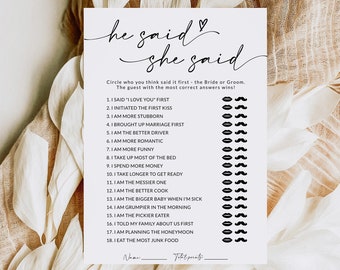 He Said She Said Game | He Said She Said Game Card | Wedding Game | Bridal Shower Game | Bride and Groom Game | Editable Template | A1