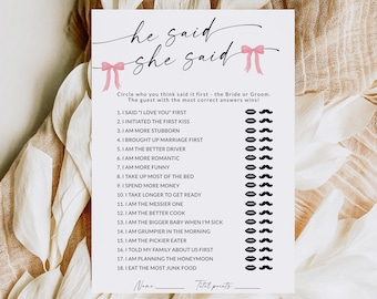 He Said She Said | Bridal Shower Games Printable | Wedding Shower Game | Bride or Groom Game | Couples Shower Game | Editable Template | D1