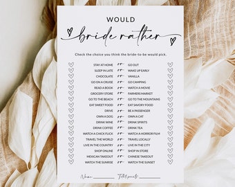 Would Bride Rather Bridal Shower Game | Would She Rather | Who Knows The Bride Best | Bridal Shower Game Printable | Editable Template | A1