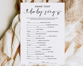 May include: A printable baby shower game with a black and white design. The game is called "Name That Baby Song" and asks players to fill in the blanks of song titles that include the word "baby".