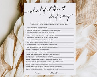 What Did the Dad Say | Baby Shower Game | What Did He Say | Baby Trivia | Baby Shower Game Printable | Minimalist | Editable Template | A1