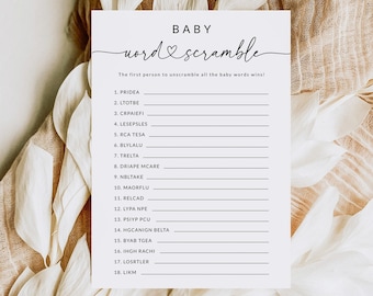 Baby Shower Word Scramble avec clé de réponse | Jeux de baby shower | Jeux de mots pour baby shower | Brouillage de mots pour bébé | Modèle modifiable | S1