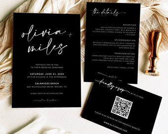 BLACK Wedding Invitation Suite | Black and White Wedding Invitation Set | Minimalist Editable Template | Modern Wedding | QR Code Rsvp | A1