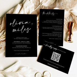 BLACK Wedding Invitation Suite | Black and White Wedding Invitation Set | Minimalist Editable Template | Modern Wedding | QR Code Rsvp | A1