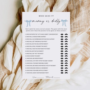 Mama of papa Spel Blauwe Bogen | Babyshower Gameboy | Raad eens wie babyshower | Raad eens wie het zei, mama of papa | Bewerkbare sjabloon | D2