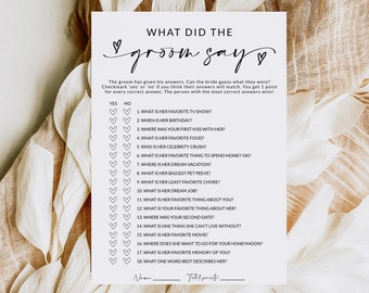 What Did the Groom Say Bridal Shower Game | Bridal Shower Trivia | Groom Trivia | Bridal Shower Games Printable | Editable Template | A1