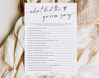 What Did the Groom Say | Bridal Shower Game | Groom Trivia | Bridal Shower Trivia | Bridal Shower Games Printable | Editable Template | A1