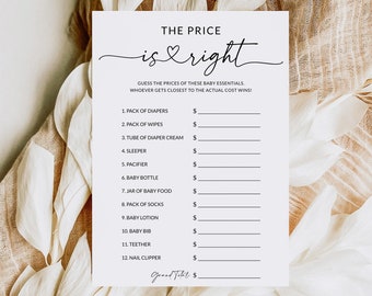 Puede incluir: Una tarjeta de juego de baby shower imprimible con el título "El precio es correcto". El juego pide a los invitados que adivinen el precio de varios artículos para bebés, como pañales, toallitas y un biberón. La persona que adivine más cerca del precio real gana.