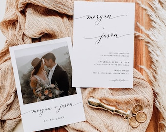 Elegant Wedding Invitation Template | Boho Wedding Invitation Template with Photo | Calligraphy Wedding Invite | Editable Template | A3