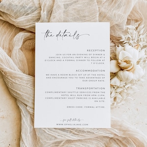 Plantilla de tarjeta de detalles de boda minimalista, tarjeta de boda de detalles boho, invitación de inserción de tarjeta de detalles, tarjeta de detalles para bodas, editable, A1