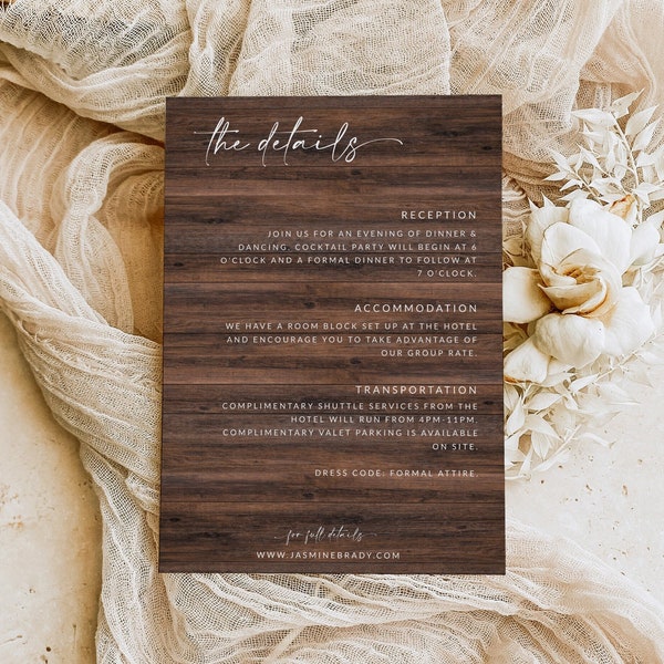 Rustic Wedding Details Card | Country Wood Details Wedding Card | Barn Details Card Insert | Details Card for Weddings | Editable | C1