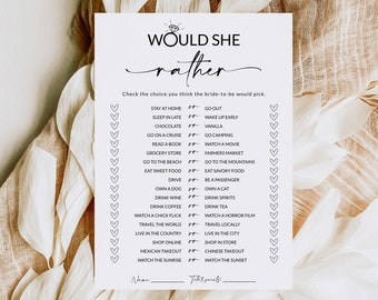 Would She Rather | Bridal Shower Game Printable | Who Knows The Bride Best | Newlyweds Game | Editable Template | Instant Download | A1
