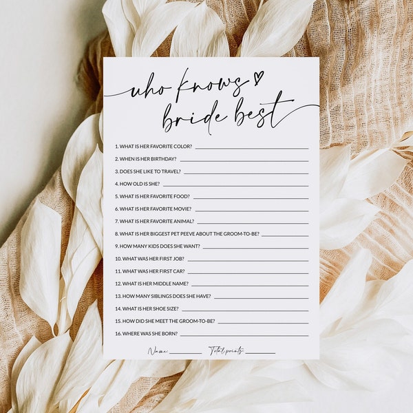 Who Knows The Bride Best | How Well Do You Know The Bride | Bridal Shower Trivia | Bridal Shower Game Printable | Editable Template | A1