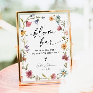 Znak Bloom Bar, Znak Wildflower Flower Bar, Bar Bloom na wieczór panieński, Bar Bloom na baby shower, Bar na bukiety, Znak wózka na kwiaty, Edytowalny, F1
