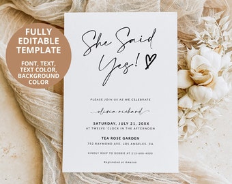 Puede incluir: Una tarjeta de anuncio de boda blanca con texto de caligrafía negra que dice "She Said Yes!" e incluye los nombres "Olivia Richard" y la fecha "Sábado, 21 de julio de 20XX". La tarjeta también incluye la ubicación "Tea Rose Garden" y la dirección "752 Raymond Ave, Los Angeles, CA".