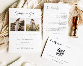 Minimalist Wedding Invitation Suite Template | Wedding Invitation with Photo | Rsvp QR Code | Wedding Details Card | Editable Template | A1