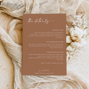 Modelo de cartão de detalhes de casamento minimalista, cartão de casamento de detalhes boho, convite de inserção de cartão de detalhes de terracota, cartão de detalhes para casamentos, A1