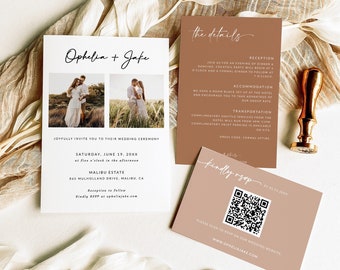 3 Piece Wedding Invitation Template Suite with QR Code Rsvp and Details Card | Terracotta Wedding Invitation Template | Rustic Wedding | A1
