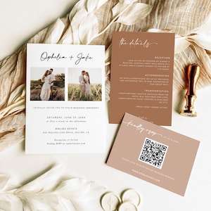 3 Piece Wedding Invitation Template Suite with QR Code Rsvp and Details Card | Terracotta Wedding Invitation Template | Rustic Wedding | A1