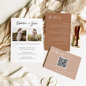 Suite de 3 modèles de faire-part de mariage avec réponse de code QR et carte d'informations | Modèle de faire-part de mariage en terre cuite | Mariage rustique | A1
