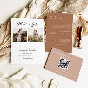 3 Piece Wedding Invitation Template Suite with QR Code Rsvp and Details Card | Terracotta Wedding Invitation Template | Rustic Wedding | A1