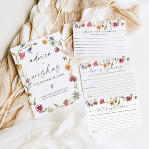 Bord en kaarten huwelijksadvies, spel met wilde bloemen vrijgezellenfeest, advies voor de bruid en bruidegom, advies voor vrijgezellenfeesten, bewerkbare sjabloon, F1