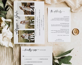 Photo Collage Wedding Invitation Set with RSVP | 3 Piece Suite | Wedding Details Card | Rsvp Card | Minimalist | Editable Template | A1