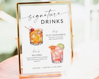 Letrero de bebidas exclusivas, menú de bebidas exclusivas, letrero de bar de bodas, menú de bebidas de bodas, letrero de cóctel exclusivo, menú de bar, plantilla editable, S2