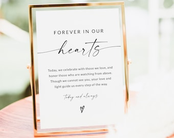 May include: A gold-framed sign with a white background and black text that reads "FOREVER IN OUR hearts Today, we celebrate with those we love, and honour those who are watching from above. Though we cannot see you, your love and light guide us every step of the way. Today and always ♡".