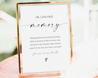 May include: A gold-framed sign with the words "IN LOVING memory" in black script. The sign reads "Although they are not here today, their presence is felt in every way. Forever in our hearts, they remain a part of our joy, our tears, our gain. forever in our hearts ♡"