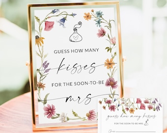 Guess How Many Kisses For The Soon To Be Mrs Sign and Card, Wildflower Bridal Shower Game, How Many Hershey Kisses In The Jar, Editable, F1