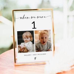 Fotoskylt med bordsnummer för bröllop | Mall för bordsnummer för bröllop | Bordsnummer för bröllop när vi var gamla | När vi var unga | Redigerbar | A1