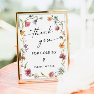 Signo de agradecimiento de baby shower, baby shower de flores silvestres, por favor tome un signo, gracias por venir, signo de mesa de agradecimiento, plantilla editable, F1