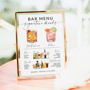 Menú de bar, letrero de bar para bodas, menú de bebidas para bodas, letrero de bebidas exclusivas, menú de bebidas exclusivas, letrero de cóctel exclusivo, plantilla editable, S2
