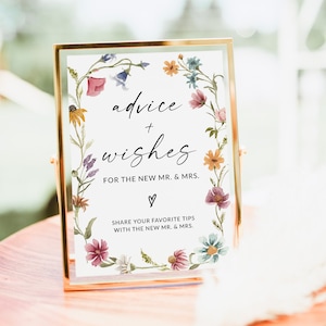 Letrero con consejos para bodas, juego de despedida de soltera con flores silvestres, consejos para los novios, consejos y deseos para la despedida de soltera, plantilla editable, F1