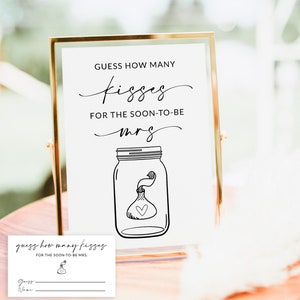 Raad hoeveel kussen er zijn voor de aanstaande mevrouw, een vrijgezellenfeestspel | Spel Hoeveel kussen | Afdrukbaar spel vrijgezellenfeest | Kisses in the Jar A1