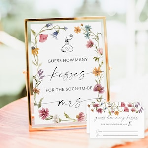 Carte et plaque Devinez combien de bisous pour la future maman, jeu de douche nuptiale fleurs sauvages, combien de bisous Hershey dans le bocal, modifiable, F1