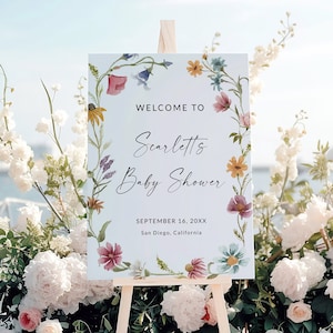 Wildblumen-Babyparty-Willkommensschild, Blumen-Babyparty-Zeichen, Baby in Bloom-Zeichen, Blumenschild, Babyparty-Mädchen-Zeichen, bearbeitbare Vorlage, F1