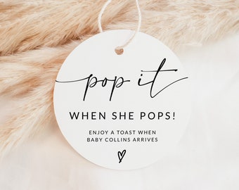 Baby Shower Game Champagne Favor Tag | Pop It When She Pops Sticker | Baby Shower Games Printable | Pop And Cheer When Baby Is Here | A1