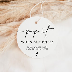 Baby Shower Game Champagne Favor Tag | Pop It When She Pops Sticker | Baby Shower Games Printable | Pop And Cheer When Baby Is Here | A1