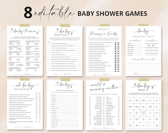 Paquete de juegos para baby shower / Trivialidades para baby shower / Family Feud / Adivina quién lo dijo, mamá o papá / Predicción sobre el bebé / Bingo para baby shower / A1